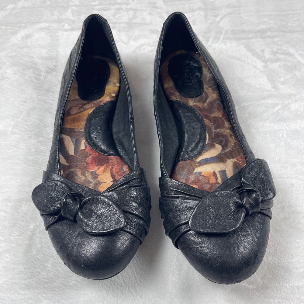 Born Women Black Leather Bow Ballet Flats Shoes Size 8.5 Quiet Luxury Balletcore